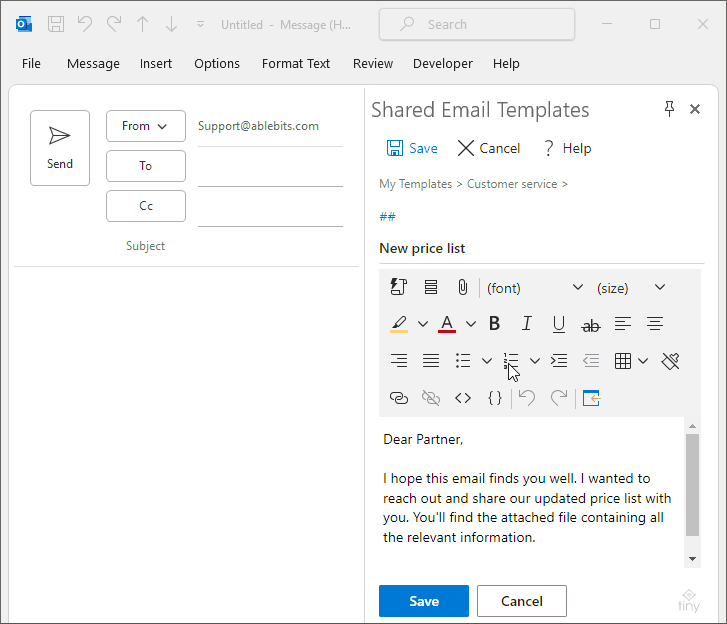 Шаблон электронной почты Outlook с вложением