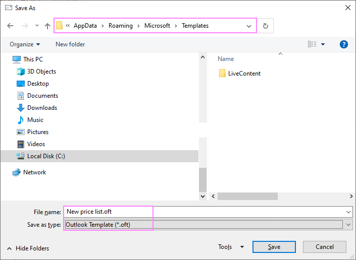 Save an email template with attachments in Outlook.