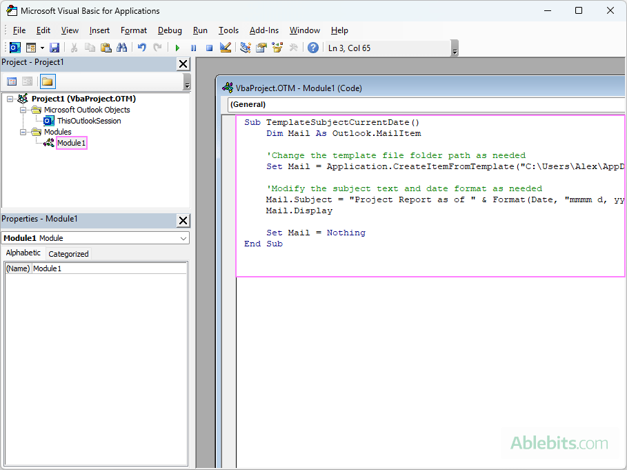 VBA code to automatically insert the current date into the subject line of an Outlook email template.