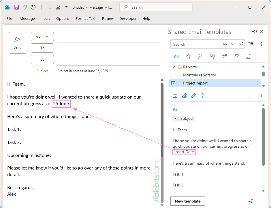The correct date is automatically inserted into an email body.