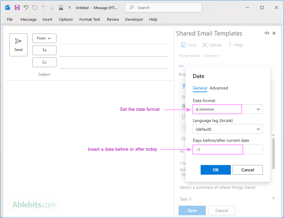Insert the current date into the body of an Outlook email template.
