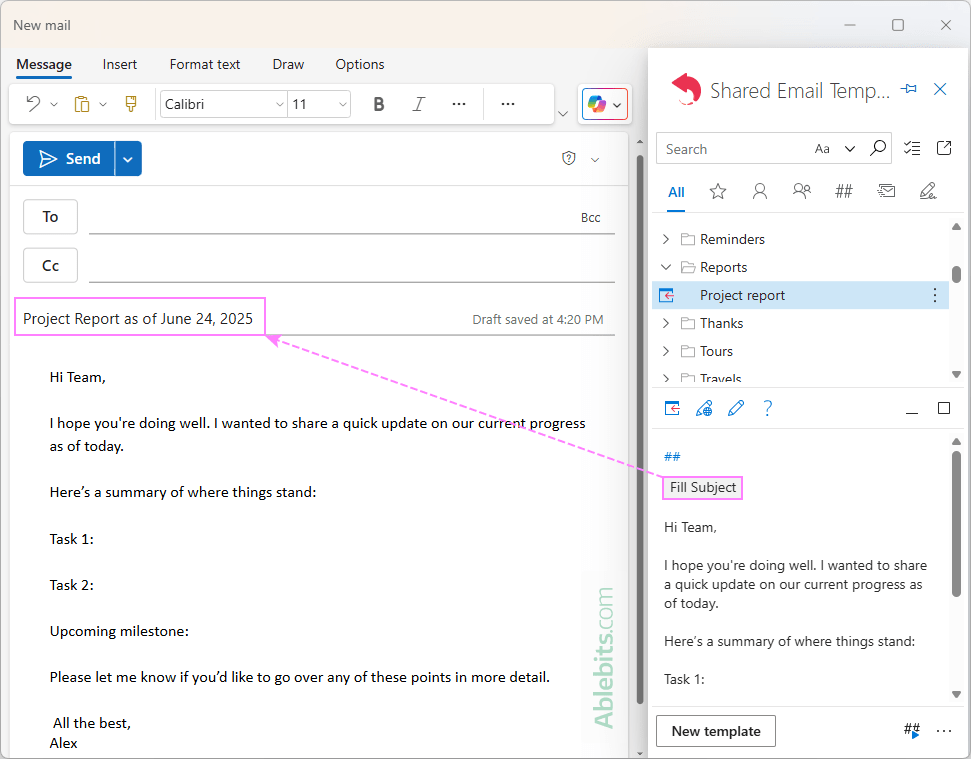 Using an Outlook email template with a dynamic date in the subject line.