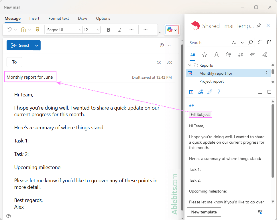 Using an Outlook email template with the current month in the subject line.