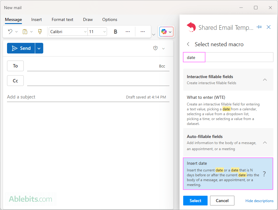 Add a macro to insert the current date into the message Subject line.