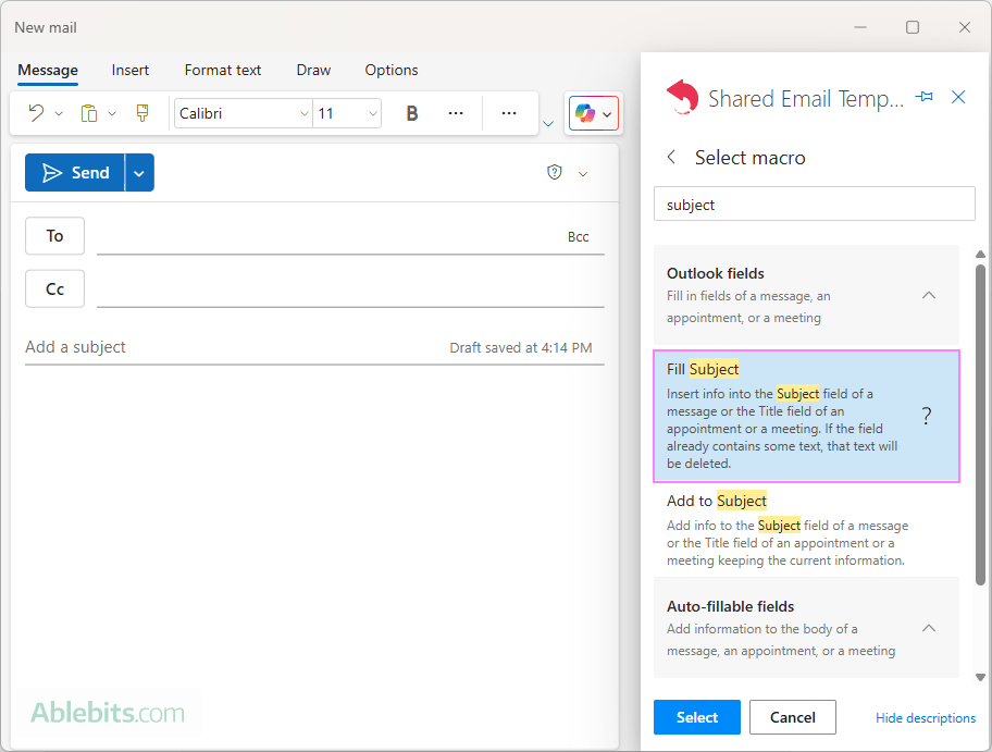 Use the macro to auto-fill the email subject.