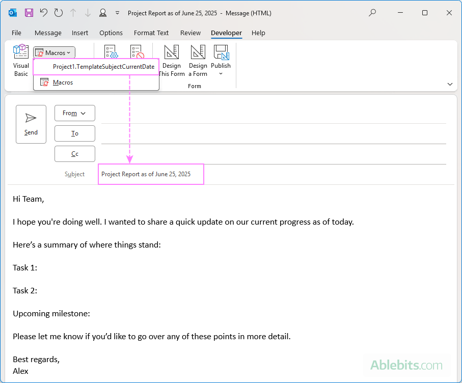 Use an Outlook email template with today's date in the subject.