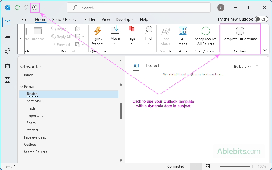 Quickly access an email template with automatic date in Outlook.