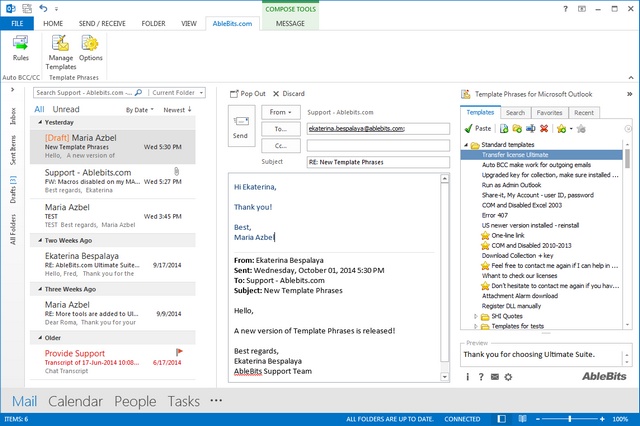 Use Template Phrases on Outlook 2013 Reading Pane on the right