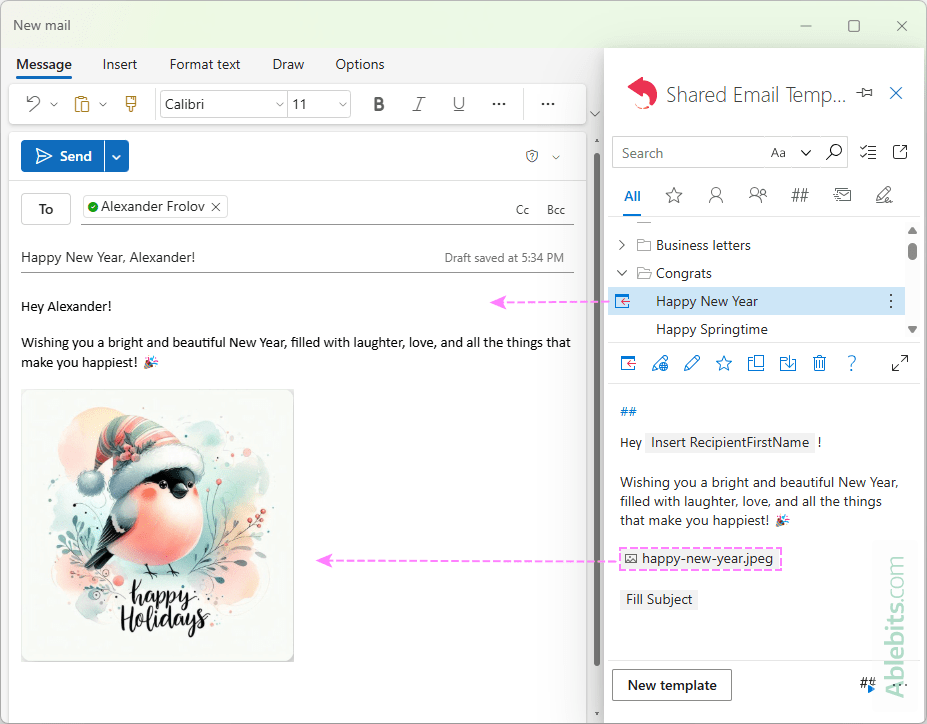 Insert the template with picture into an Outlook email.