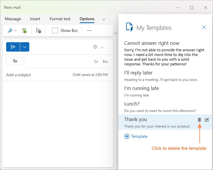 Delete a template in the new Outlook.