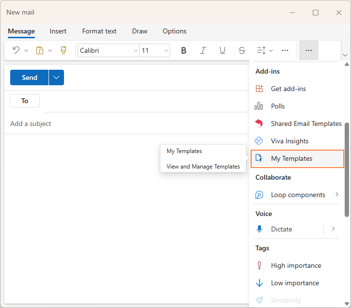 Access email templates in the new Outlook.