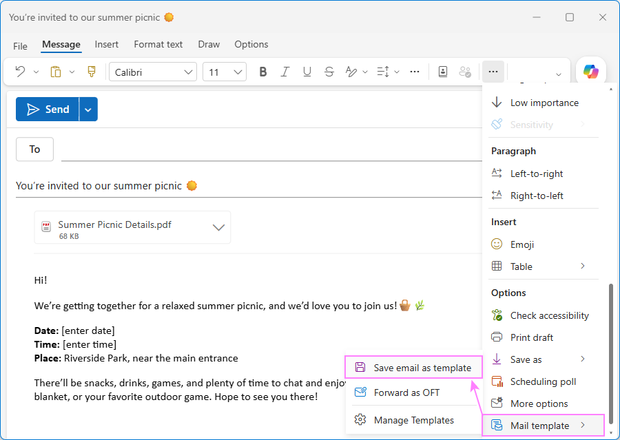 Creating a full-featured email templates in new Outlook