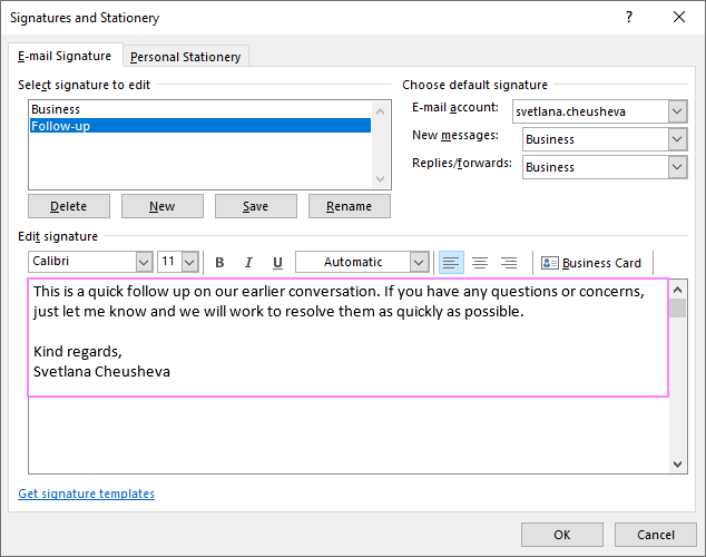 Outlook signature as an email template