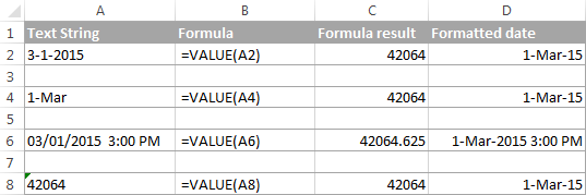Using the Excel VALUE function to convert a text string to date