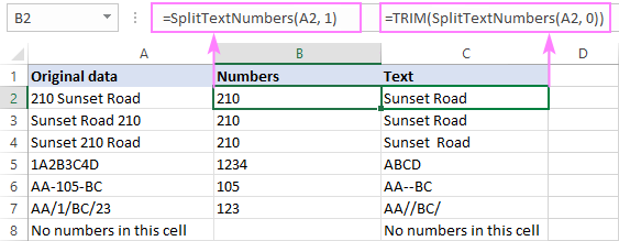 Splitting numbers and text into separate columns