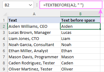 Extract text before first space in Excel.