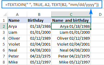 Use the TEXTJOIN and TEXT functions to combine text and date.