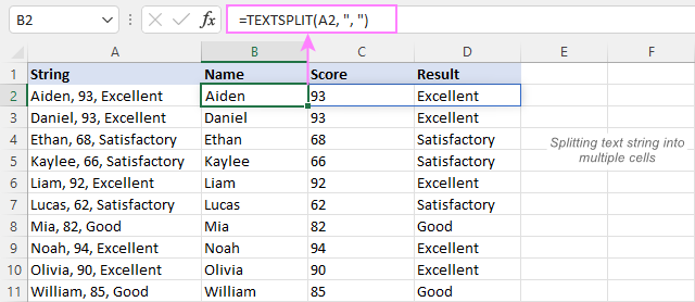TEXTSPLIT function to divide text string in Excel