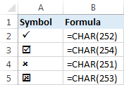 Write a tick in excel