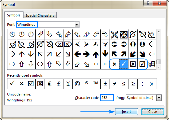 Select the tick symbol and click Insert.