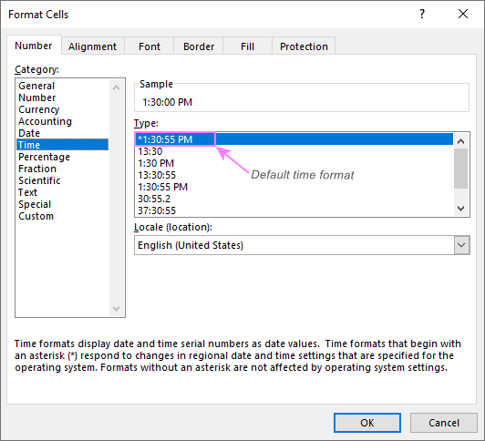 The default time format in Excel