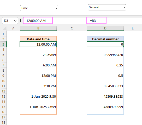 Return a decimal number representing the time in a separate cell.