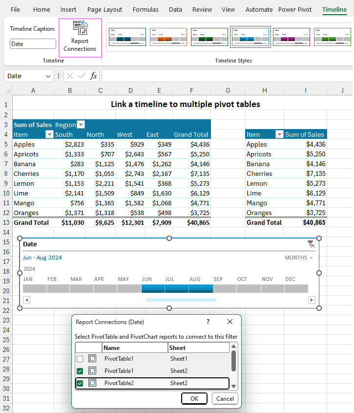 Connect the timeline to multiple pivot tables.