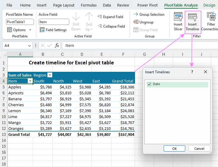 Make a timeline for an Excel pivot table.