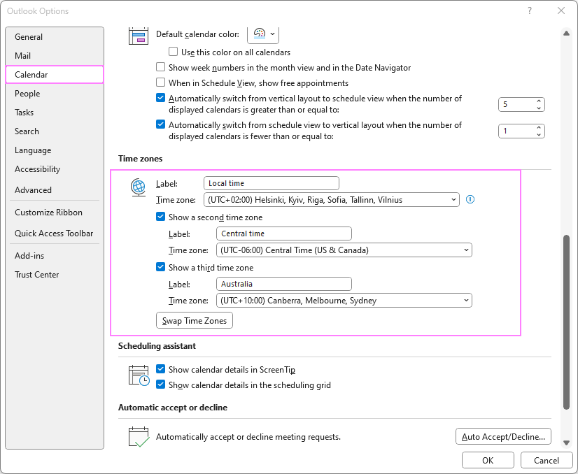 Add multiple time zones to the Outlook calendar.