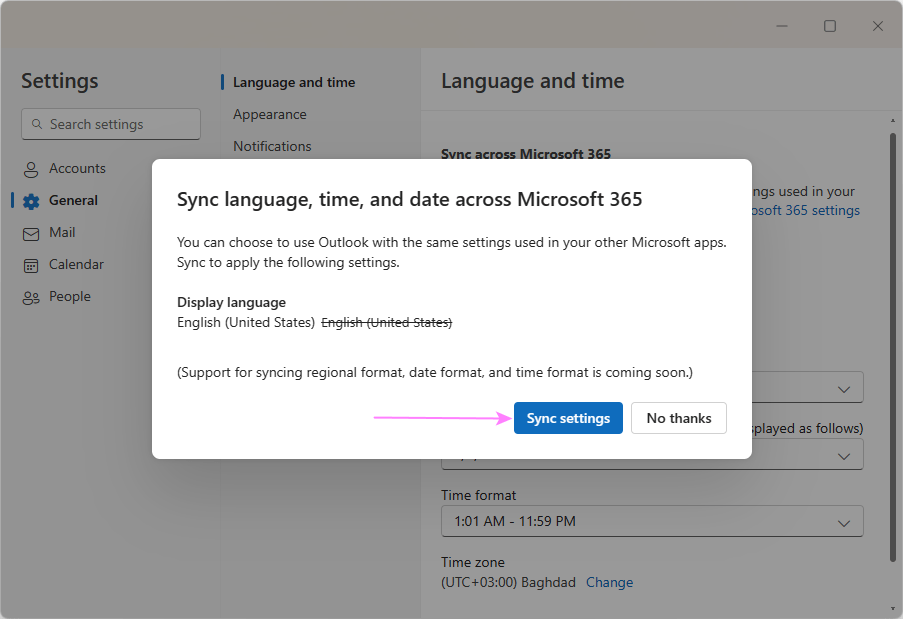 Synchronize the language, date and time settings across Microsoft 365 apps.