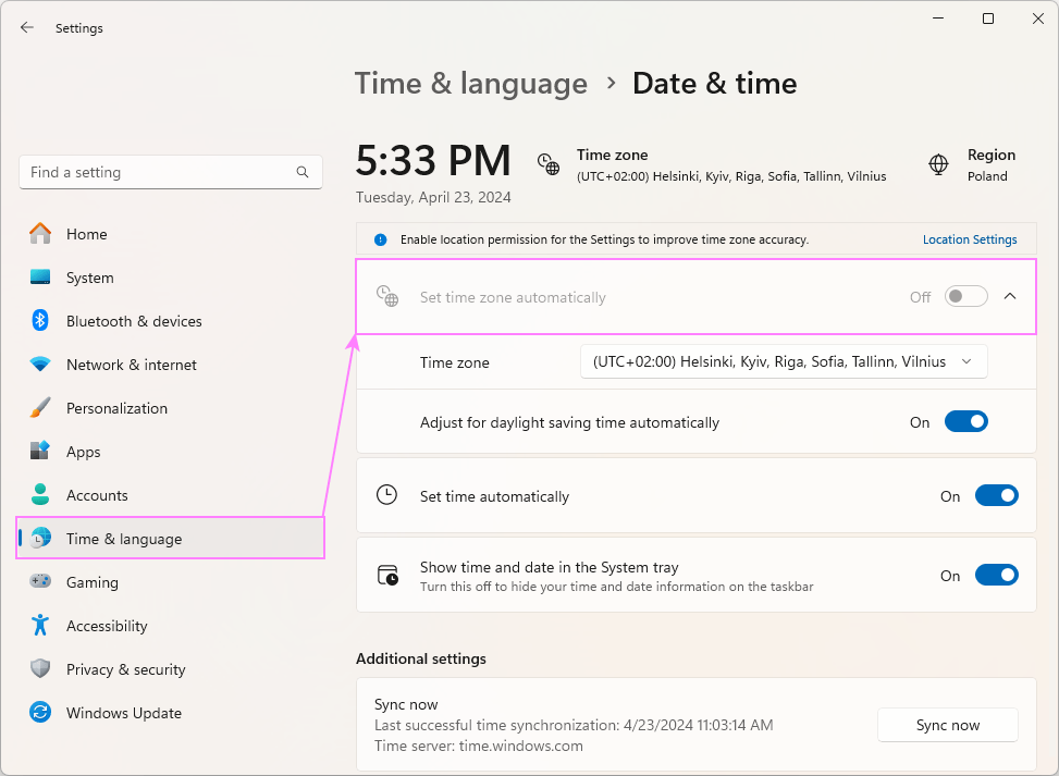 Stop Outlook from changing time zone automatically.