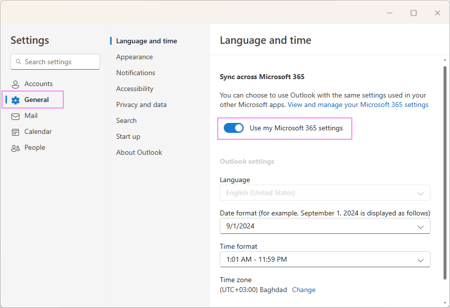 Sync Outlook's date and time settings with your global Microsoft 365 settings.