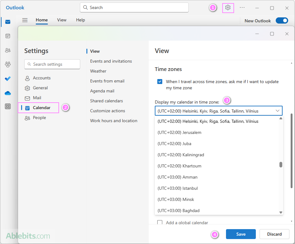 Change time zone in the new Outlook.