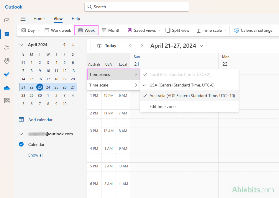 View different time zones in new Outlook and web.