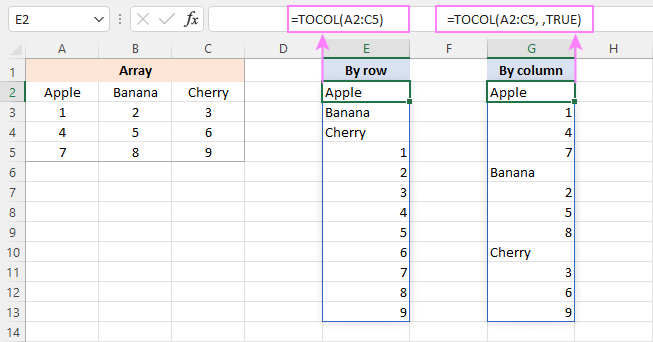 Scan the array vertically by column or horizontally by row.