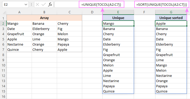 Extract unique values from a multi-column range.