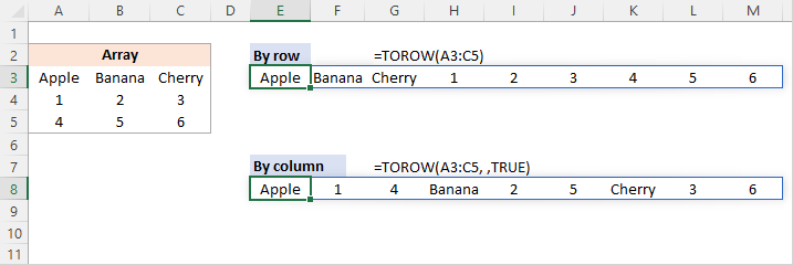 TOROW formula to read the array horizontally by row or vertically by column.
