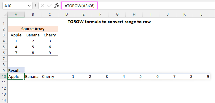 Using a basic TOROW formula in Excel