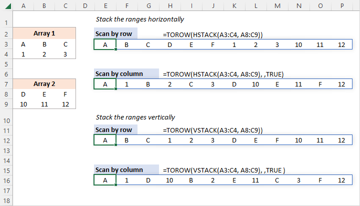 TOROW formulas to merge multiple ranges into one row.