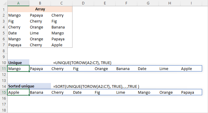 Extract unique values from a multi-column range into one row.