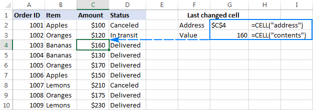 Cell formulas to track the last changed cell