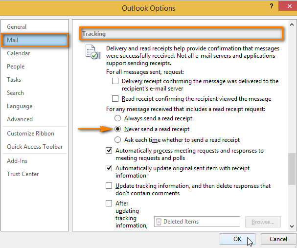 Select the 'Never send a read receipt' radio button in the Tracking area of Mail Outlook Options