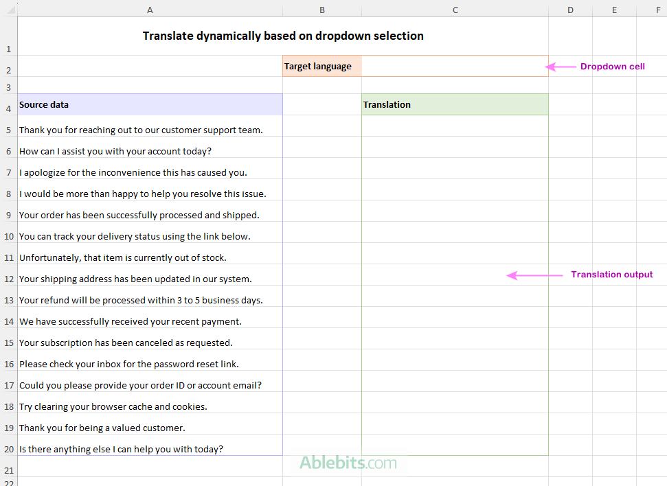 Set up the Excel worksheet with the source text, target language selector, and translation output area.