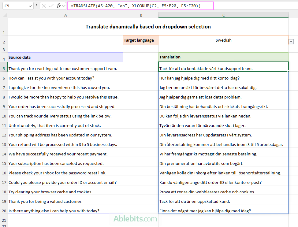 Translate a list of products into the language selected from the drop-down list.