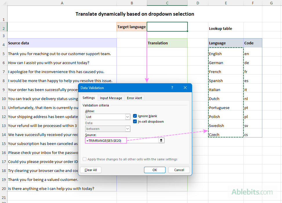 Create a dynamic drop-down list from the language lookup table.