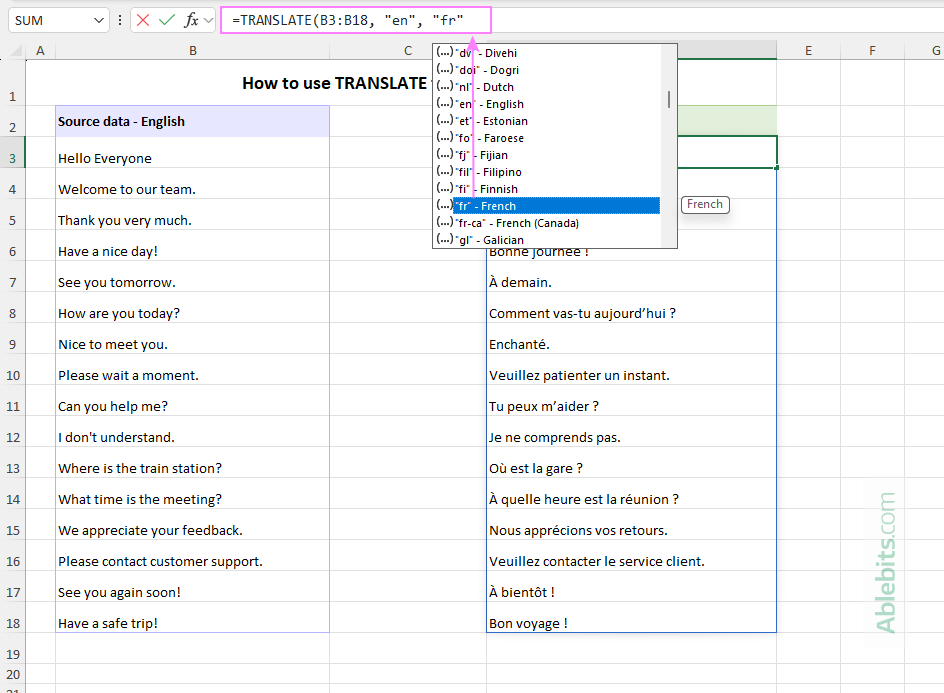 Select the language code while entering the TRANSLATE formula.
