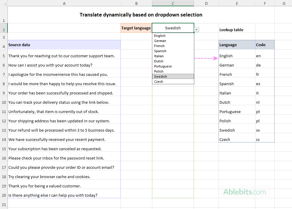 A dynamic drop-down list updates automatically as the lookup table changes.