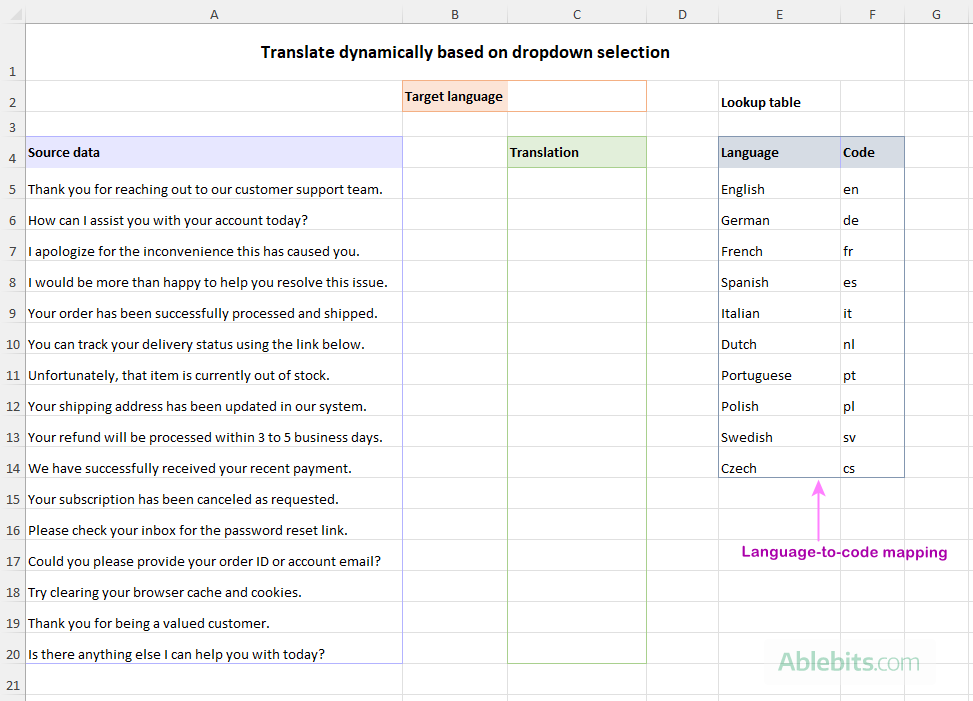 Create a lookup table that maps languages to their ISO codes.