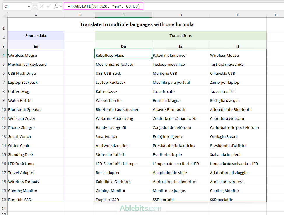 Translate the same text into multiple languages with a single TRANSLATE formula.
