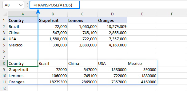 TRANSPOSE function in Excel to change column to row with formula